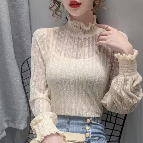 Fashion Women Floral Lace Blouse 2021 Spring All-match Sexy Mesh See Through Vintage Clothes White Tops Sweet Long Sleeve Shirt