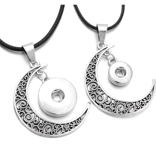 Fashion 12MM 18MM Snap Button Pendant Necklace Vintage Hollow Moon Leather Chain Snap Button Jewelry For Women Men