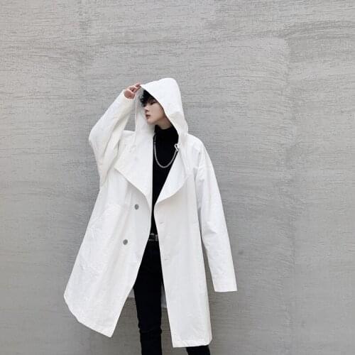 2021 New Men Black White Casual Hooded Trench Coat Male Women High Street Vintage Loose Windbreaker Jacket Outerwear