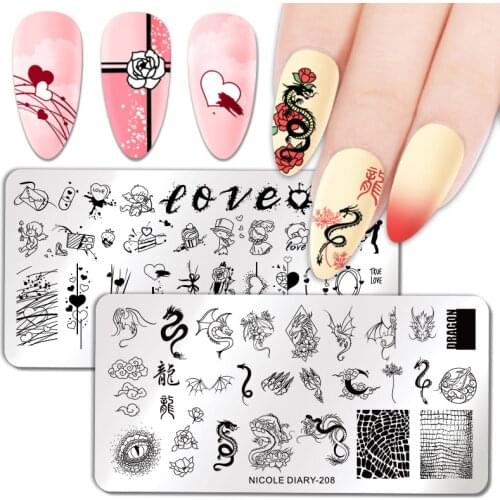 NICOLE DIARY Valentines Day Nail Stamp Plate Rectangle Nail Art Stamping Image Template DIY Nail Plate Geometric Print Stencil