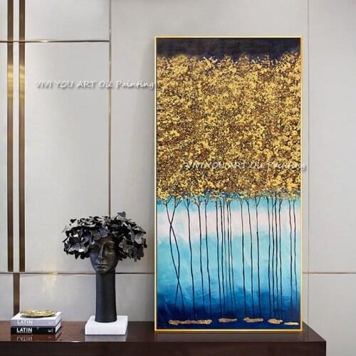 The New Yellow Blue Leaf Fall Handpainted Abstract Tree Oil Paintings Wall Art Pictures Home Wall Decor for Living Room Bed Room