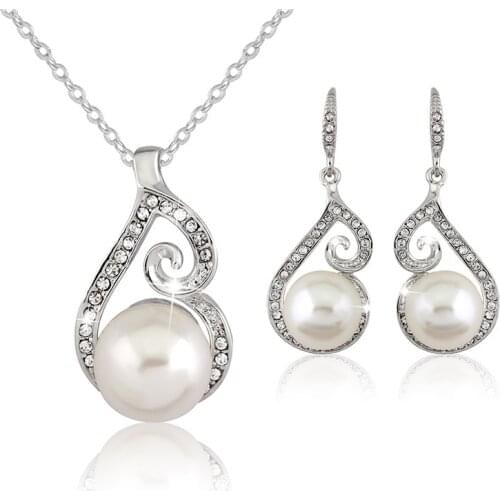 New Luxury Bridal Wedding Jewelry Sets Pearl Necklace Set Pendant Necklace Earrings Silver Plated Jewelry Set For Women
