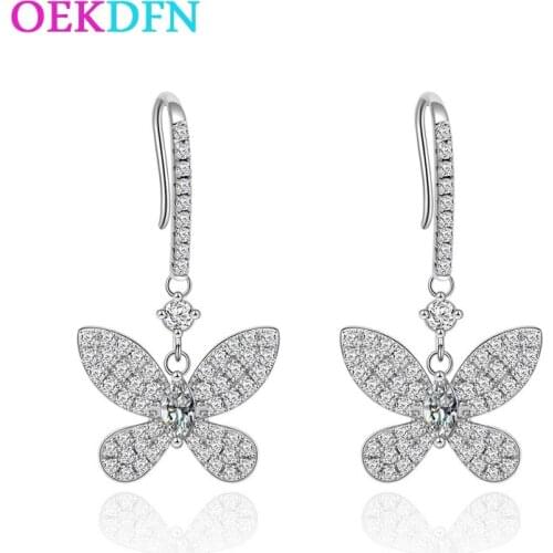 OEKDFN Pure 925 Sterling Silver Butterfly Drop Earrings For Women Full Micro Inlay Zircon Gemstone Birthstone Fine Jewelry Gift