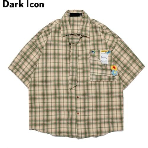 Dark Icon Floral Plaid Shirt Men Front Pocket Checkered Shirts with Tie Korean Style Mens Shirts