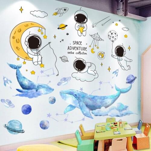 [SHIJUEHEZI] Cartoon Astronaut Planets Wall Stickers DIY Whale Animal Mural Decals for Kids Rooms Baby Bedroom Home Decoration