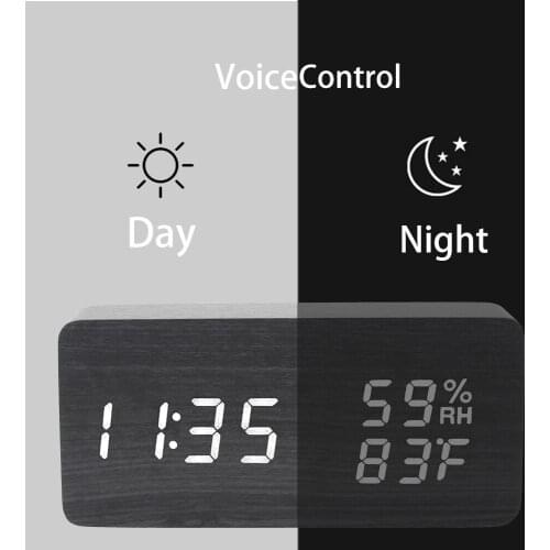 Temperature and Humidity Display Home Decorations Voice Control USB/AAA Powered LED Wooden Clock Electronic Desktop Clocks