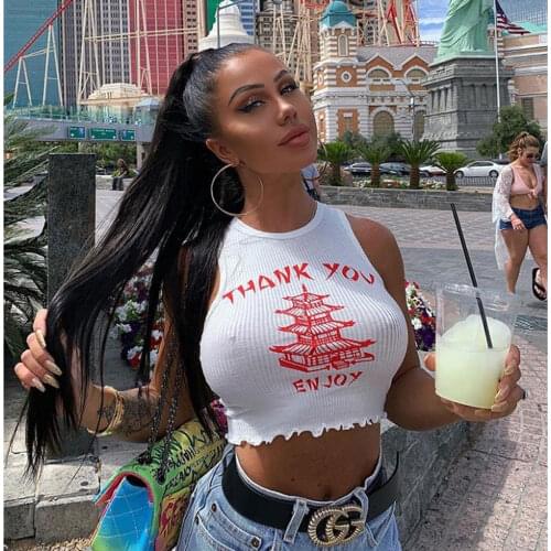 Sexy Womens Summer Knitting Perspective Tanks Tops Vest Sport Crop Tops Shirts Tower Print