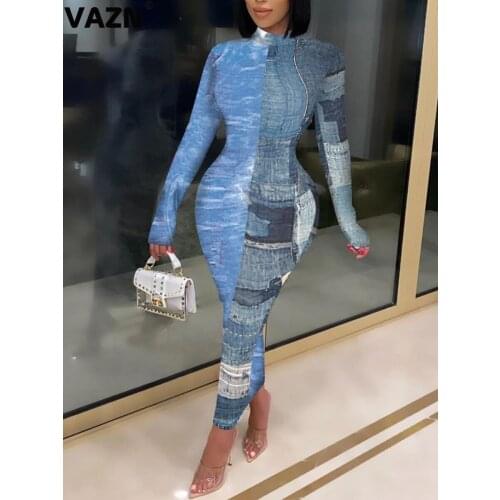 VAZN 2020 New Arrival Plus Size Free Sexy Young Retro Soft Elastic Style Turtleneck Full Sleeve High Waist Women Thin Maxi Dress