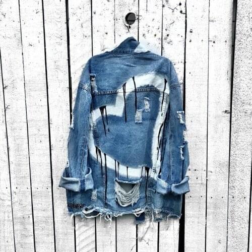 Plus size new womens fashion peach heart print graffiti ripped denim jacket jacket