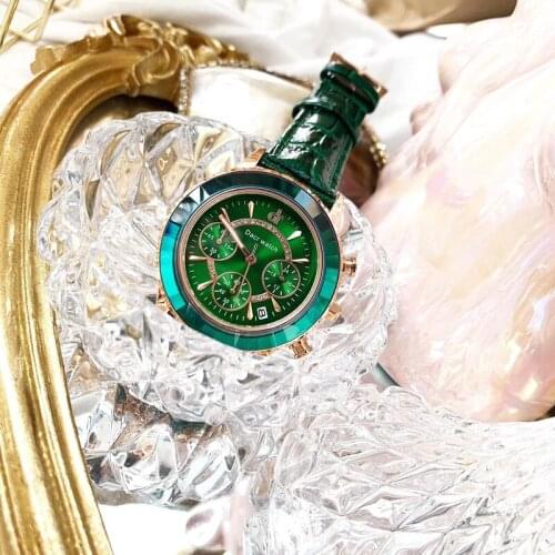 Vivid Full Green Leather Strap Watches for Women Big Neutral Design Multi Functional Calendar Watch Quartz Workable 6-Hand Clock