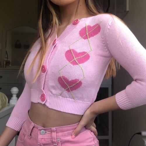 2021 New Autumn Cute Pink Y2K Knitted Cropped Cardigan Korean Fashion Kawaii Sweaters Women Long Sleeve Crop Tops Streetwear