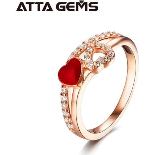 Sterling Silver S925 Rose Gold Plated Womens Ring Double Heart Shape Red Enamel Romantic Style Design for Engagement Ring