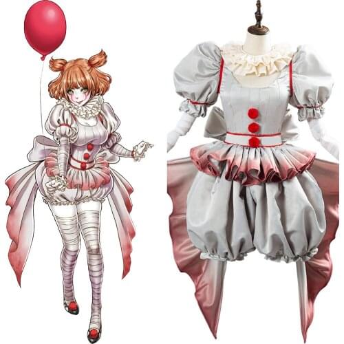 2020 Pennywise Cosplay Costume Horror Pennywise The Clown Costume Dress Uniform Outfit Women Girls Halloween Fancy Suit