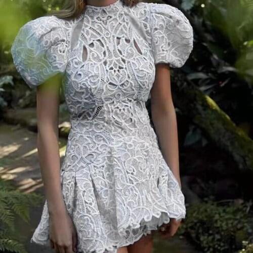 White Cocktail Dresses Lace Hollow Out Puff Sleeves Dresses Party Dresses Female Formal Dresses Evening Dresses Homecoming Dress