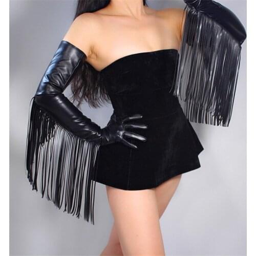 Long Leather Gloves 70cm Extra Long Section Black Tassel 30cm Simulation Leather Touchscreen Womens Gloves WPU168-4