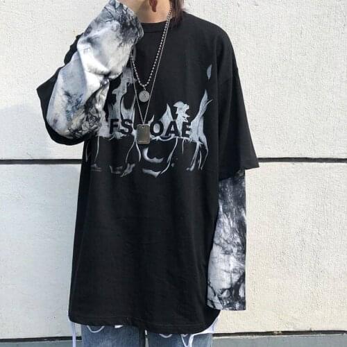 Hip Hop Print T-shirts Men Autumn Harajuku Tops Tee Long Sleeve Loose T Shirt Funny Japan Males Fall Punk High Street Streetwear