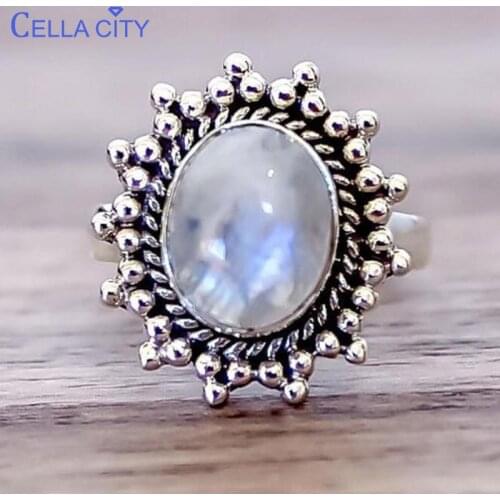 Cellacity Thai Silver 925 Ring for Women Fine Jewelry with Gemstones Oval Moonstone Vintage Female Accessory Gift Party Size5-11