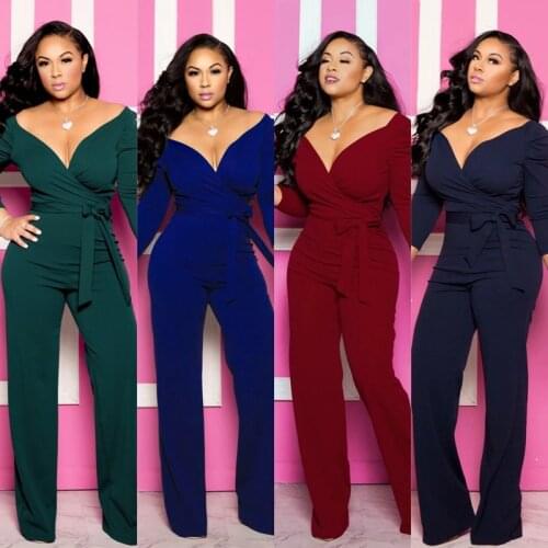 Solid Sexy Deep V Neck Full Sleeve Jumpsuits Women Summer Autumn Work Party Casual Slim Rompers Lady One Piece Overalls Belt