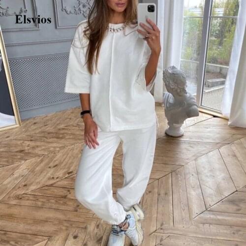 Casual Loose Half Sleeve Sweatshirt+Sport Pants Women Sets Summer O Neck Tops Two Piece Homewear 2021 Spring Casual Suits Outfit