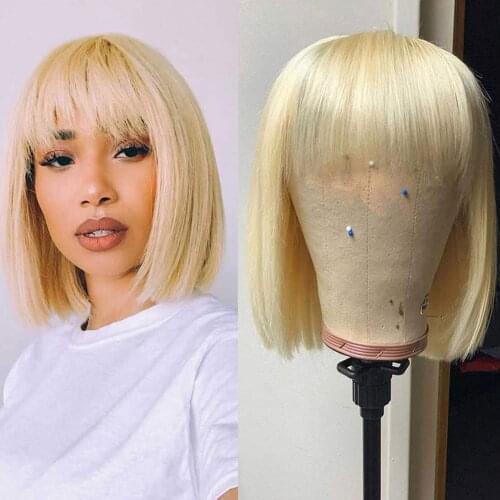 Short Bob Wig With Bangs Straight Human Hair 613 Honey Blonde Bob Wig Brazilian Remy Non Lace Front Wig For Women 150% Density