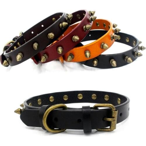 Leather Dog Collar Small Medium Large Dogs Adjustable Necklace With Bronze Rivet Collars For Pitbull Dobermann Pug Accessories