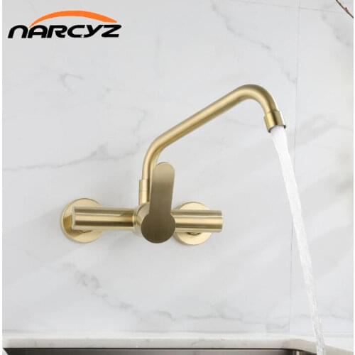 Kitchen Faucet 304 stainless steel Wall Mounted Double Holes can rotation Nickel Gold Mixers Sink Tap Hot and Cold Water YY-815