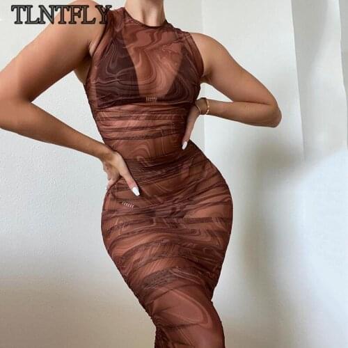 TLNTFLY Fashion Swirl Print Mesh See Through Midi Dress Women Night Club Party Sleeveless Sexy Dresses Bodycon Clothes