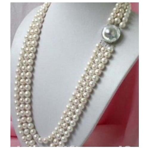 Triple strand 7-8mm natural freshwater Cultured white pearl necklace 17-19