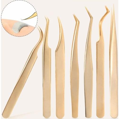 Stainless Steel Eyelashes Tweezers Professional For Lashes Extension Gold Decor Anti-Static Ultra Fine Eyebrow Tweezer Extension