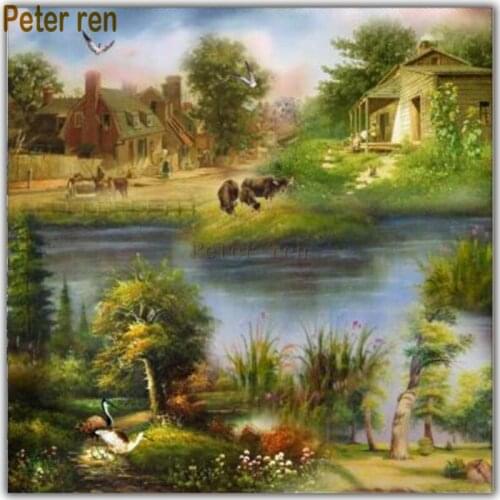 Peter ren Full Square/Round drill Diamond Painting"Country cottage pond" Diamond Embroidery Cross Stitch Mosaic Home Decor Gifts