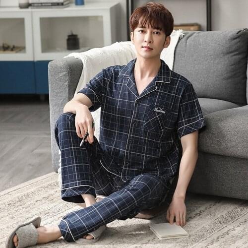 100% cotton mens pajamas male summer short-sleeved casual spring and autumn long-sleeved youth man thin sleepwear