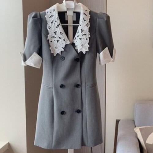 S-4XL! summer vintage puff sleeve dress women lace stitching v-neck slim double breasted dress a-line