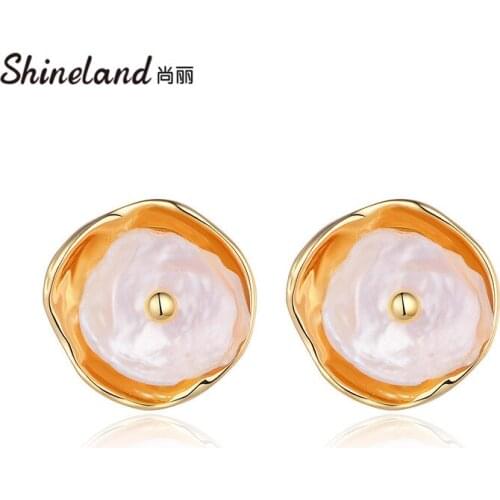 Shineland Baroque Natural Pearl Gold Color Circle Stud Earrings For Women Metal Fashion Vintage Jewelry High Quality 2021 Gift
