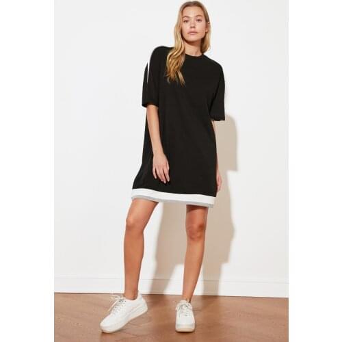 Black Color Block Knitted Dress cotton knit fabric black white zebra stripes dark color everyday colored sexy mini woman classic