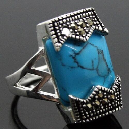 Vintage Style 8mmX16mm Blue Turquoises Marcasite 925 Sterling Silver Ring Size 6-9