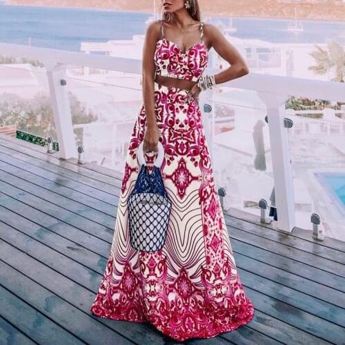 ZANZEA Vintage Women Dress Sets 2021 Summer Bohemian Print Maxi Skirts Casual Sleeveless A-line Holiday Oversized 2-piece Sets
