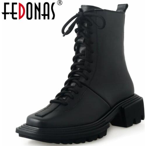 FEDONAS Square Toe Platforms Women Ankle Boots Thick Heels Genuine Leather Fashion New Arrival Autumn Winter Brand Shoes Woman