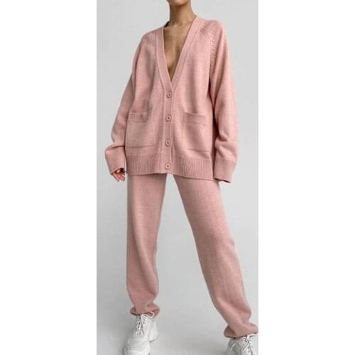 Women Solid Casual Two Piece Suits Long Sleeve V-Neck Single Breasted Cardigan Drawstring Trousers 2021 Autumn Female Pants Set