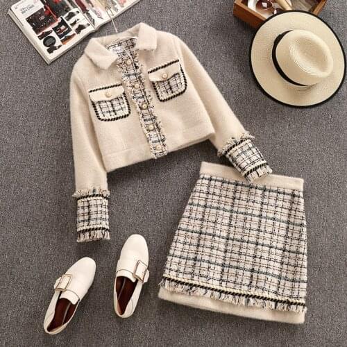 Autumn winter temperament fashion skirt suit Ladies small fragrance jacket female + plaid stitching short skirt two-piece Female
