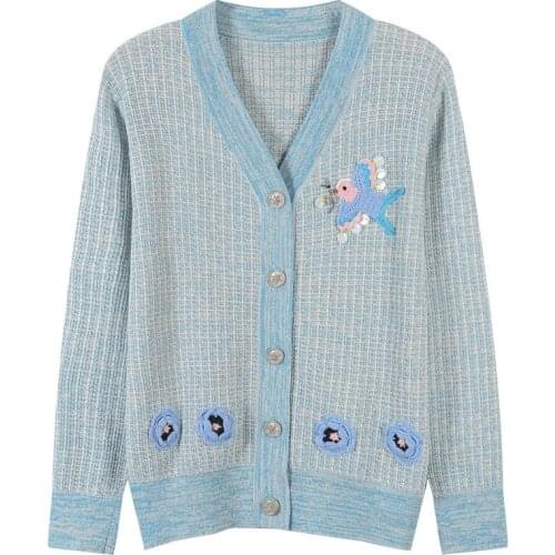 V-Neck Sequins Beading Cardigan Sweater Women Single Breasted Cartoon Embroidery Coat Lurex Knit Top Pull Femme Autumn Winter