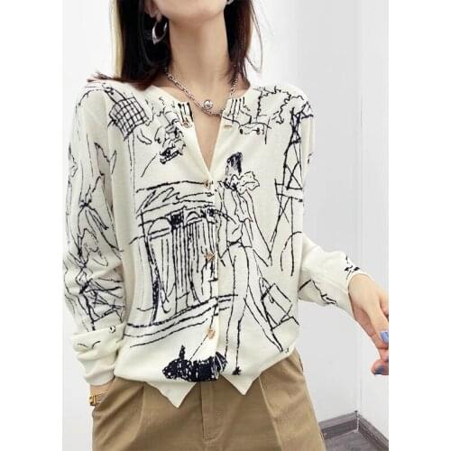 2021Women Sweater Cardigan Winter Cashmere Top Casual Cardigans Doodle pattern Fashion Winter Knit Jacket sueters mujer