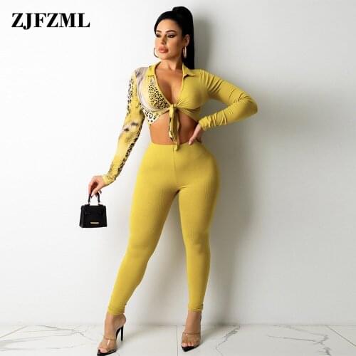 Leopard Stitching Knitted Suit Women 2 Piece Suit Deep V Neck Full Sleeve Crop Top and Slim Fit Legging Elatic Fitness Outfits