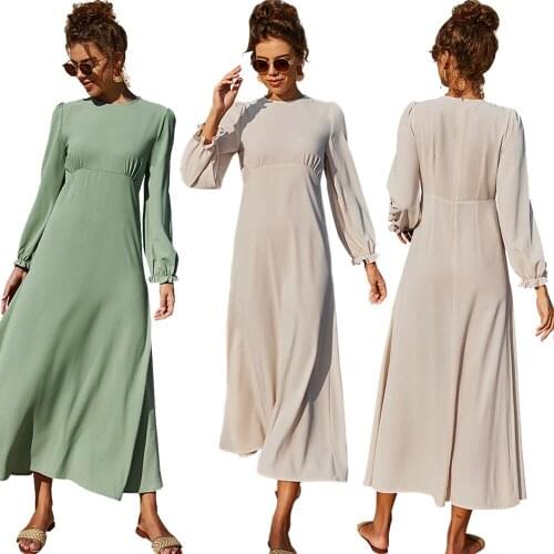 Women Chiffon Long Dress Spring Summer Long Sleeve Muslim Casual Loose Maxi Robe Abaya Turkey Arabic Dubai Islamic Clothing New