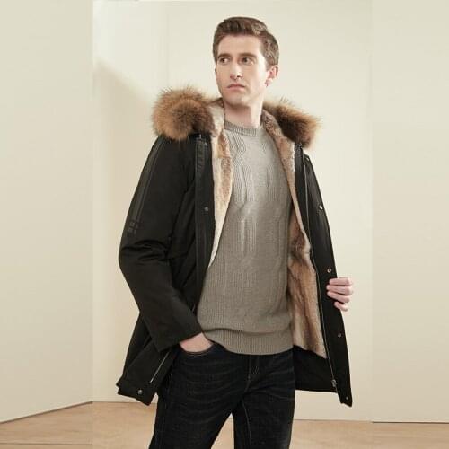 Winter Jacket Men Coat 100% Natural Rabbit Fur Lined Parka Windproof Overcoat Fashion Casual Outwear