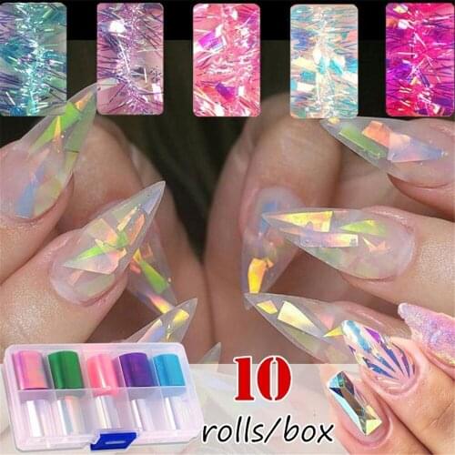 10Rolls/Box Nail Holographic Transfer Foil Slider Shimmer Sticker for Wrap Adhesive Starry Manicure DIY Decoration Nail Paper