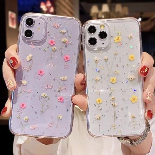 Real Dry Flower Case For iPhone 11 Pro Max Case Epoxy Glitter Funda For iPhone 12 Mini Pro XS MAX X XR 7 8 6 6S Plus SE 2 Cover