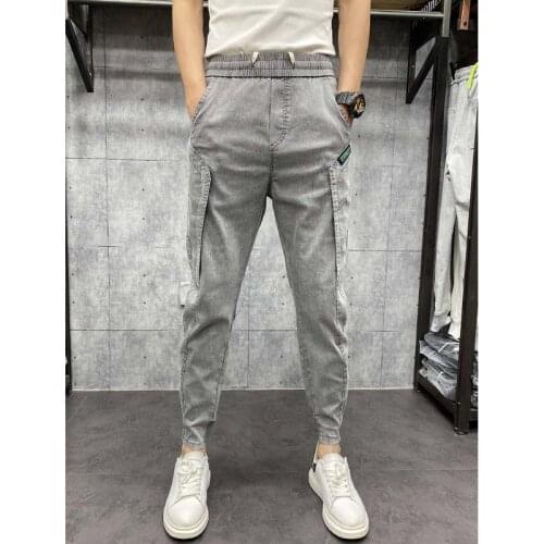 Pure color jeans mens 2021 summer new cowboy elastic waist small-footed casual pants ankle-length teenager harem pants