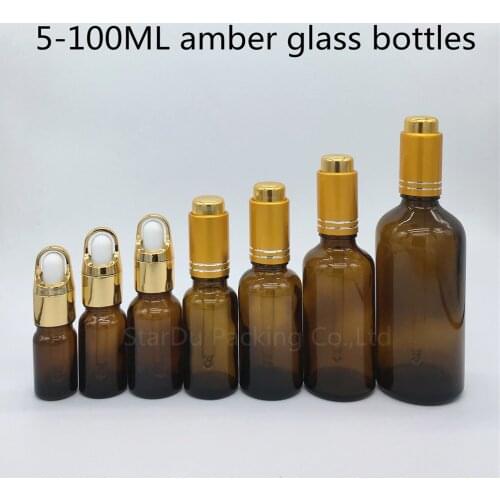 5ml 10ml 15ml 20ml 30ml 50ml 100ml amber glass essential oil bottle with gold Press dropper glass perfume bottles 100pcs