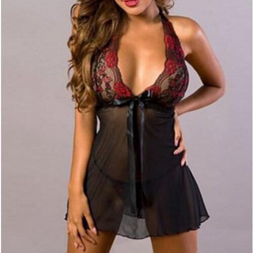Hot Sexy Plus Size halter Lace Lingerie Women G-string Nightwear Womens Underwear Sleepwear BabyDoll Porn Clothes Lady Dress