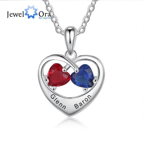JewelOra Romantic Customized Heart Pendant Necklace with 2 Birthstones Personalized Engraving Name Silver Color Jewelry Gifts
